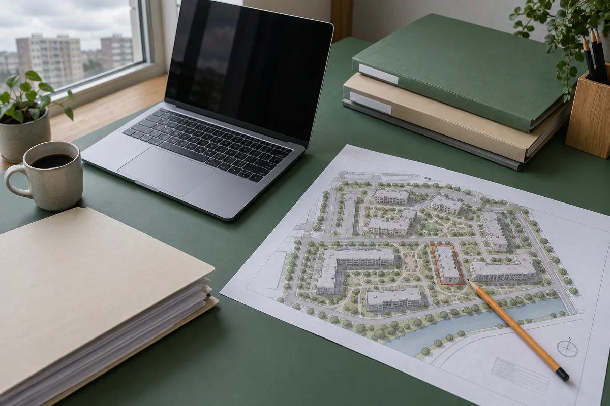 План жилого квартала рядом с папками документов и ноутбуком